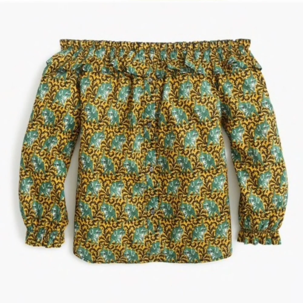 J. Crew Ratti Safari novelty elephant print Off the Shoulder top ruffle